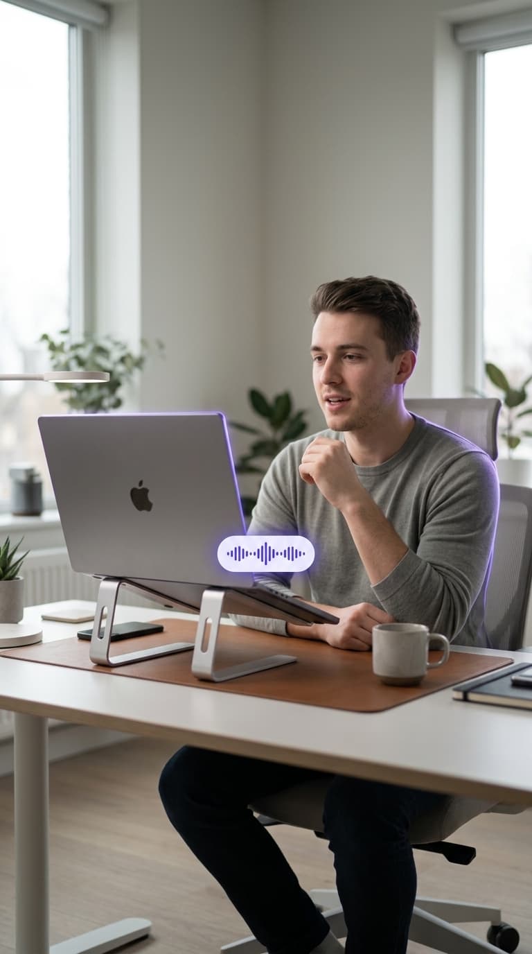 Eine Person diktiert am Mac – die schwebende Diktix-Waveform zeigt die laufende Aufnahme.