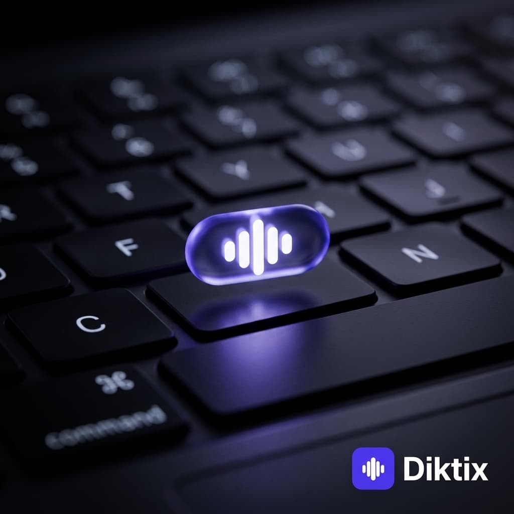 Eine Mac-Tastatur im Dunkeln – über der Fn-Taste leuchtet die Diktix-Waveform-Pille.