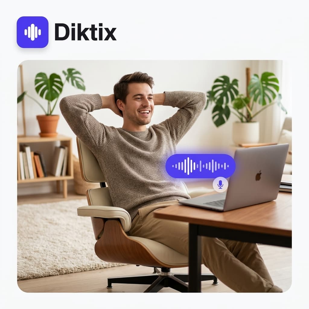 Eine Person lehnt sich entspannt zurück und diktiert – über dem MacBook schwebt die Diktix-Waveform.